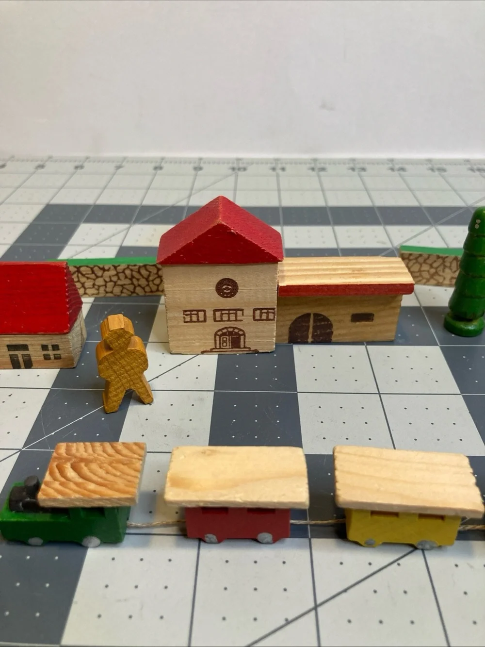 Vintage Wood Block Village Houses Train Station Wooden German Putz Erzgebirge